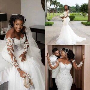 IS-NWT US16W Mermaid Wedding Dress Size Lace Appliqued Beach Boho Wedding Gowns